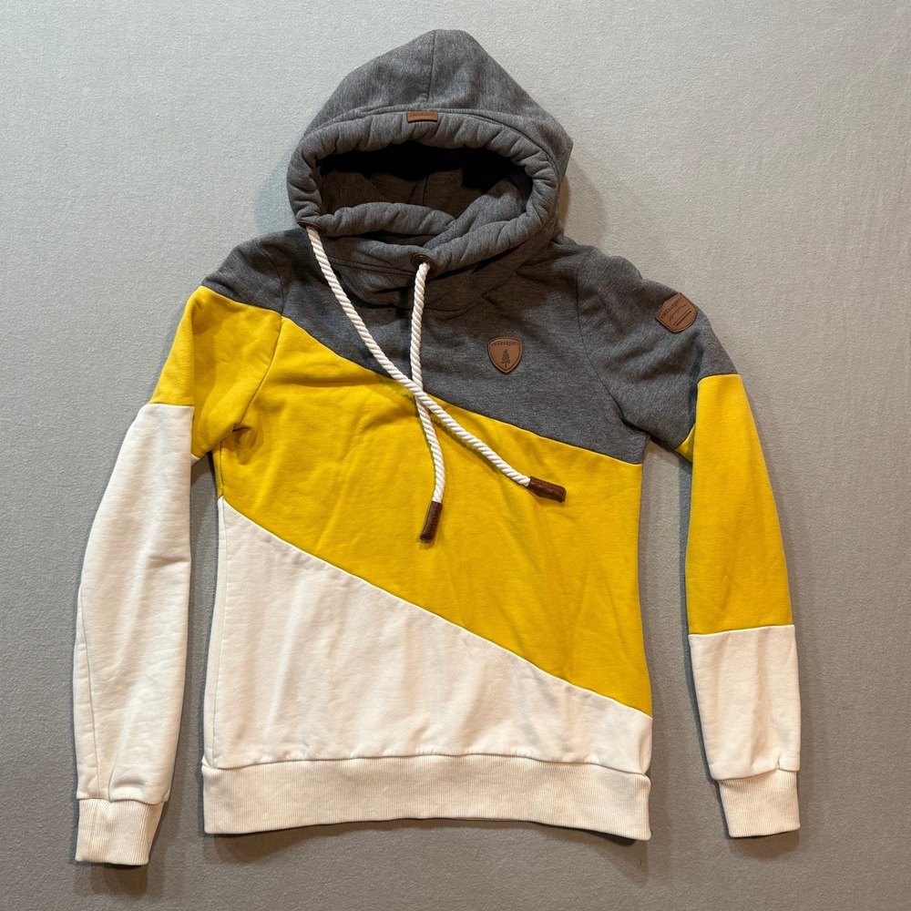 Wanakome‎ Streetwear Yellow Grey White Hooded Pullover Sweatshirt Size M